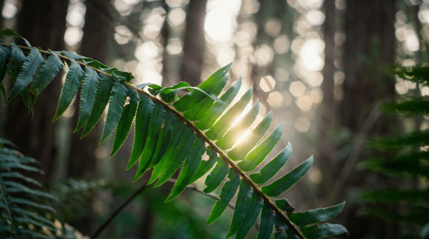 Sunlight glowing through a fern in the forest